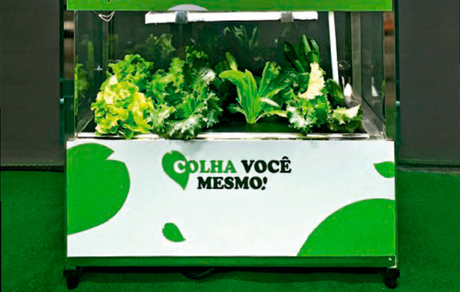 Fazenda vertical em vending machines e em supermercado